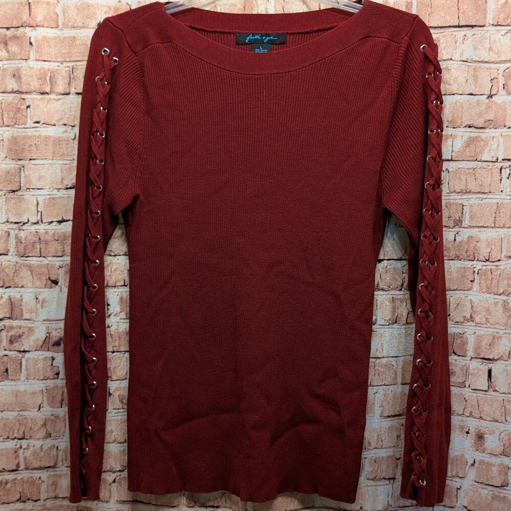🧨🧨Faith & Zoe Sweater Ribbed Knit Texture Lace-Up Detail Sleeves Size Large